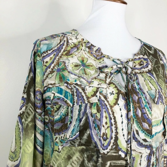 CHICOS Paisley Tie Front Top Sz. 1 (M) Purple Green Brown - Picture 5 of 13